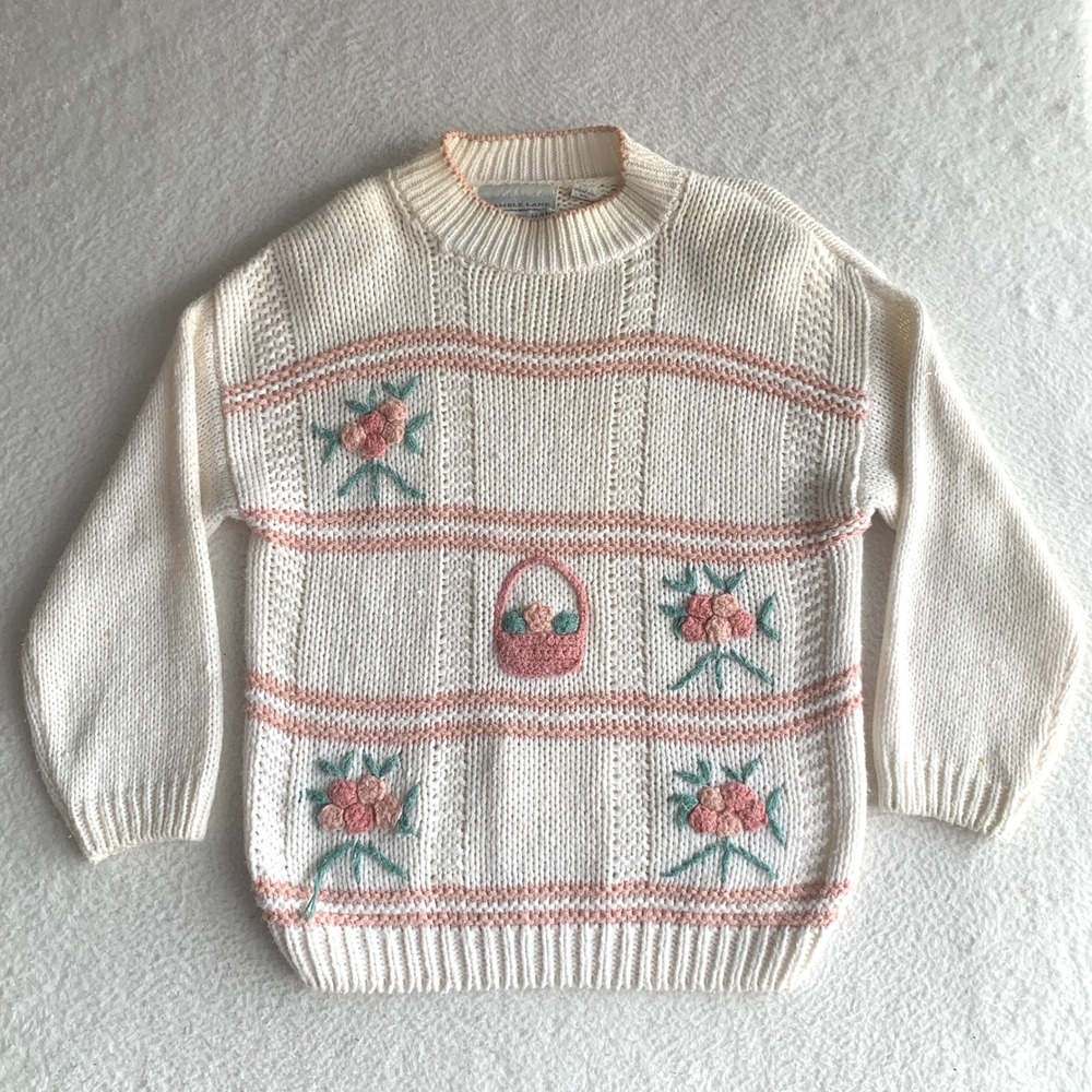 VTG Bramble Lane Hand Knit Sweater Sz L Ramie Blend Floral Cottagecore (STAINS)